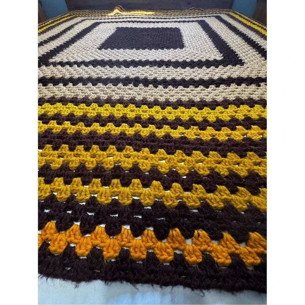 VTG 70s Crochet Afghan Handmade Brown Orange Yellow Band Van Basement Throw